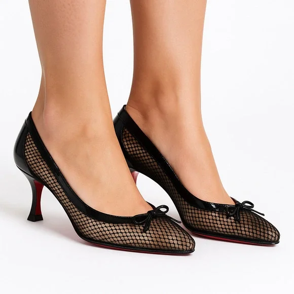 Christian Louboutin Marcia Rete Black Mesh Bow Heels Size 37 - Picture 3 of 9